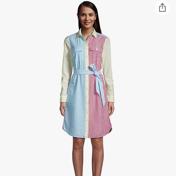 Lands' End Women's Tall Cotton Denim Button Front Long Sleeve Dress - Picture 2 of 7